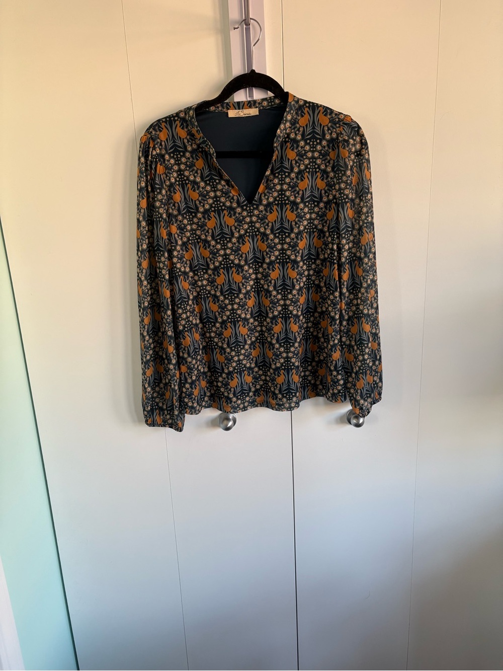 Women's Floral Print V-Neck Blouse - Navy and orange